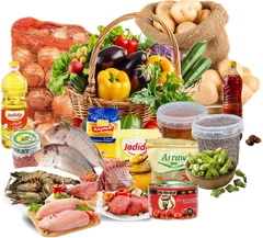 Panier de courses : légumes, poisson, viande, poulet, crevettes, riz, huile, conserves et produits du terroir